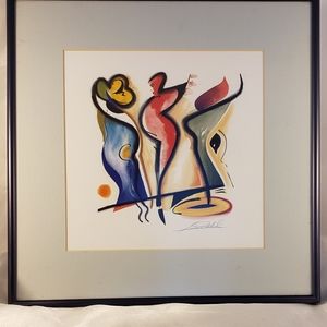 Modern abstract dancing art by Alfred Gockel framed watercolor picture.